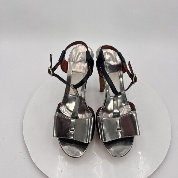 Lanvin Women Size EU 37 US 7 Black Silver Bow T Strap Platform Cone Heel Sandal - Picture 3 of 15